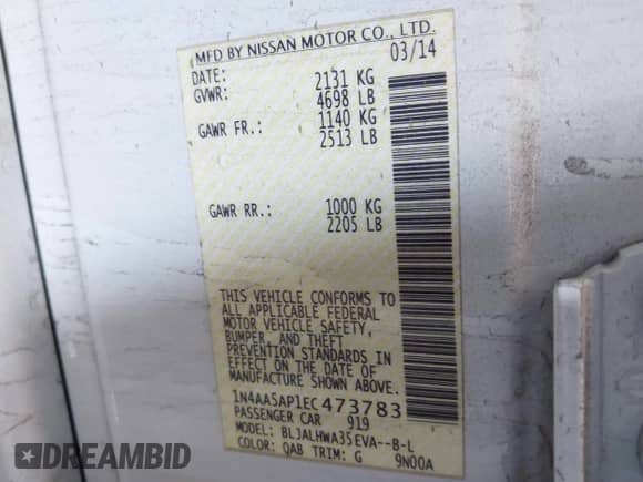 2014 Nissan Maxima SV with VIN 1N4AA5AP1EC473783, listed as a IAAI auction lot 42543625 with 128,727 mi miles and . Bid and sale history available at DreamBid. Image 9.