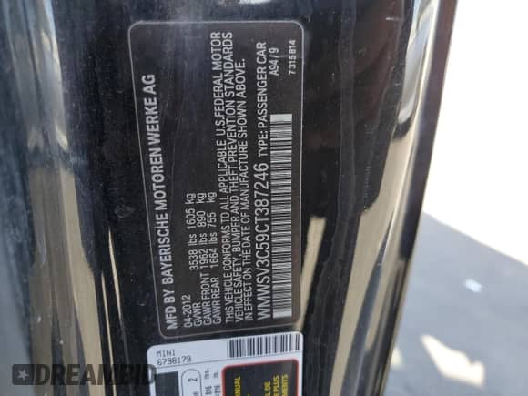 2012 MINI Hardtop S with VIN WMWSV3C59CT387246, listed as a Copart auction lot 61766125 with 155,156 mi miles and Salvage title. Bid and sale history available at DreamBid. Image 12.