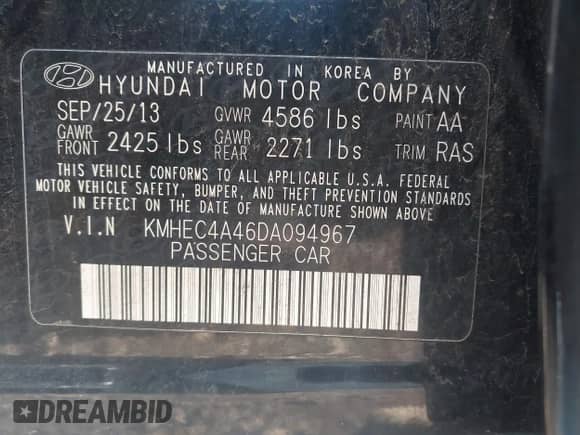2013 Hyundai Sonata with VIN KMHEC4A46DA094967, listed as a IAAI auction lot 43497392 with 180,169 mi miles and . Bid and sale history available at DreamBid. Image 7.