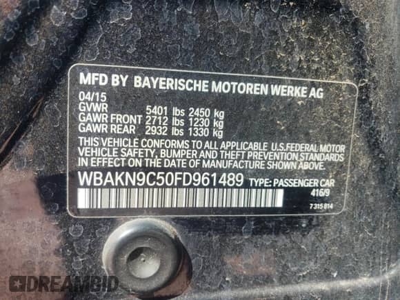 2015 BMW 5 Series 550i с VIN WBAKN9C50FD961489, выставлен на аукционе Copart как лот 46683795 с пробегом 90 235 миль миль и Списание • Salvage title. История ставок и продаж доступна на DreamBid. Изображение 14.