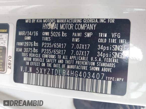 2017 Hyundai Santa Fe 2.4L с VIN 5XYZTDLB4HG403407, выставлен на аукционе IAAI как лот 43301785 с пробегом 86 587 миль миль и . История ставок и продаж доступна на DreamBid. Изображение 9.