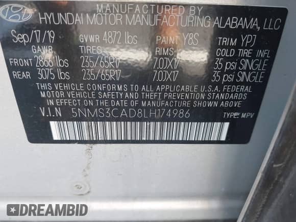 2020 Hyundai Santa Fe SEL с VIN 5NMS3CAD8LH174986, выставлен на аукционе IAAI как лот 43170943 с пробегом 92 080 миль миль и . История ставок и продаж доступна на DreamBid. Изображение 9.