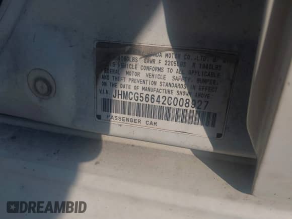 2002 Honda Accord EX with VIN JHMCG56642C008927, listed as a IAAI auction lot 42572616 with 172,275 mi miles and . Bid and sale history available at DreamBid. Image 9.