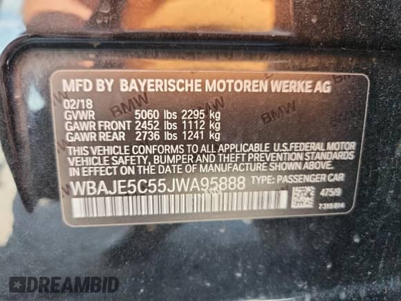 2018 BMW 5 Series 540i with VIN WBAJE5C55JWA95888, listed as a Copart auction lot 70040025 with 68,306 mi miles and Salvage title. Bid and sale history available at DreamBid. Image 13.