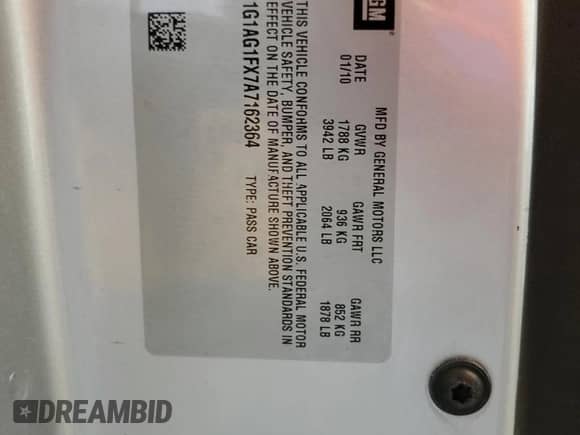 2010 Chevrolet Cobalt SS с VIN 1G1AG1FX7A7162364, выставлен на аукционе Copart как лот 61259975 с пробегом 192 254 миль миль и На запчасти • Non repairable. История ставок и продаж доступна на DreamBid. Изображение 12.