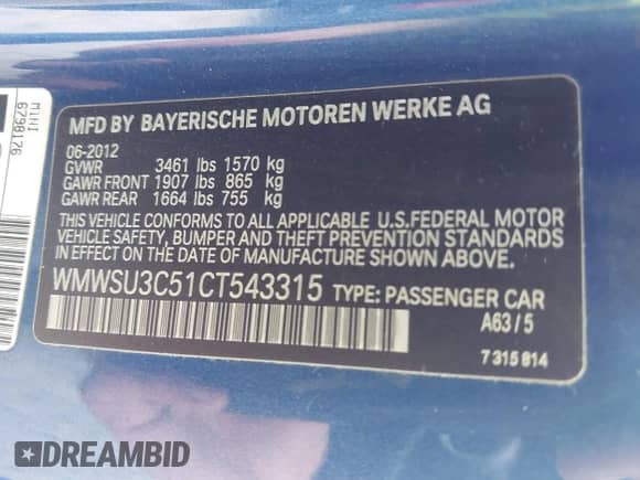 2012 MINI Hardtop with VIN WMWSU3C51CT543315, listed as a IAAI auction lot 42802820 with 156,549 mi miles and . Bid and sale history available at DreamBid. Image 9.