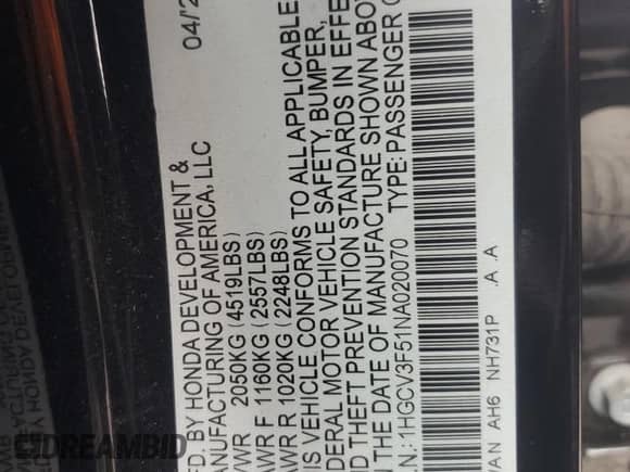 2022 Honda Accord EX-L с VIN 1HGCV3F51NA020070, выставлен на аукционе Copart как лот 82176735 с пробегом Не указан миль и Списание • Salvage title. История ставок и продаж доступна на DreamBid. Изображение 12.