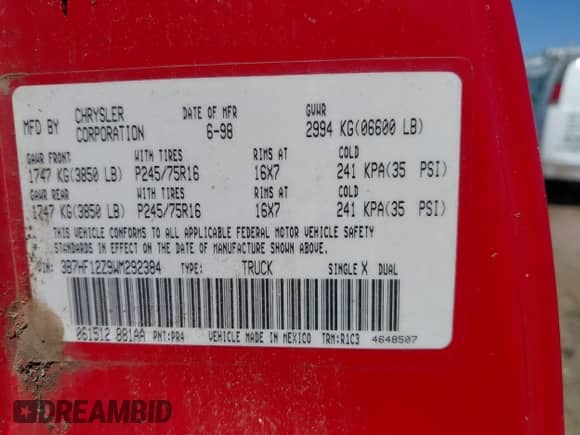 1998 Dodge 1500 с VIN 3B7HF12Z9WM292384, выставлен на аукционе IAAI как лот 42636781 с пробегом 168 397 миль миль и . История ставок и продаж доступна на DreamBid. Изображение 9.