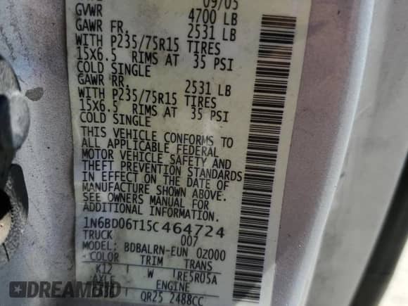 2005 Nissan Frontier XE with VIN 1N6BD06T15C464724, listed as a Copart auction lot 66140595 with 195,797 mi miles and Clean title. Bid and sale history available at DreamBid. Image 12.
