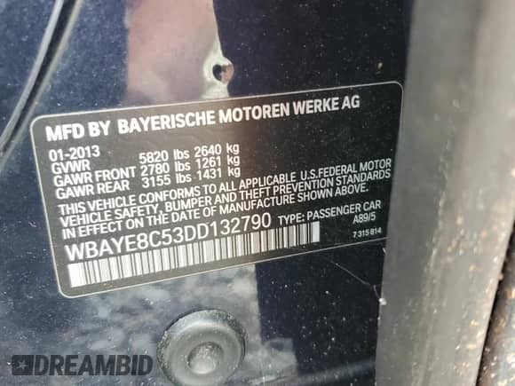 2013 BMW 7 Series 750Li z VIN WBAYE8C53DD132790, wystawiony jako Copart lot #82269695 z przebiegiem 98 664 mil mil oraz Szkoda całkowita • Salvage title. Historia ofert i sprzedaży dostępna na DreamBid. Obrazek 13.