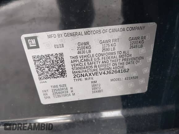 2018 Chevrolet Equinox Premier с VIN 2GNAXVEV4J6264162, выставлен на аукционе IAAI как лот 41626947 с пробегом 104 926 миль миль и . История ставок и продаж доступна на DreamBid. Изображение 9.