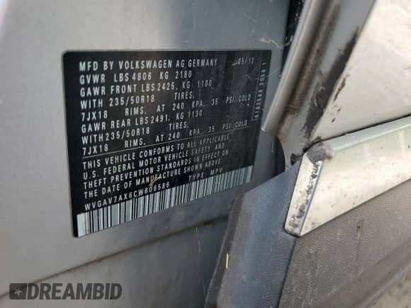 2012 Volkswagen Tiguan S с VIN WVGAV7AX6CW606586, выставлен на аукционе Copart как лот 84202195 с пробегом Не указан миль и Чистый • Clean title. История ставок и продаж доступна на DreamBid. Изображение 13.