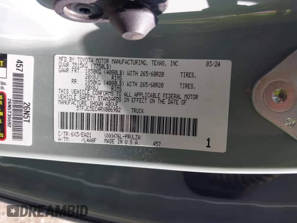 2024 Toyota Tundra Limited Hybrid with VIN 5TFJC5EC4RX006982, listed as a IAAI auction lot 42498168 with 13,483 mi miles and . Bid and sale history available at DreamBid. Image 9.