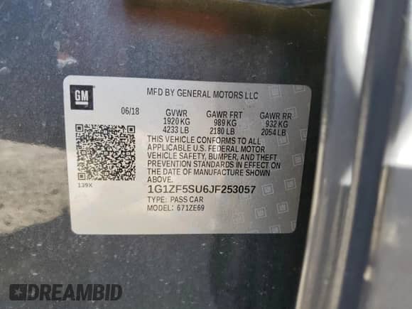 2018 Chevrolet Malibu Hybrid с VIN 1G1ZF5SU6JF253057, выставлен на аукционе Copart как лот 84294185 с пробегом Не указан миль и Списание • Salvage title. История ставок и продаж доступна на DreamBid. Изображение 12.