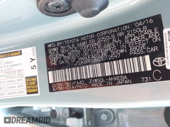 2016 Toyota Prius Two with VIN JTDKBRFU6G3012597, listed as a IAAI auction lot 43470638 with 198,445 mi miles and . Bid and sale history available at DreamBid. Image 9.