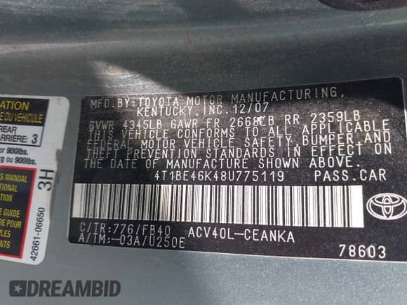 2008 Toyota Camry SE with VIN 4T1BE46K48U775119, listed as a IAAI auction lot 43197926 with 271,531 mi miles and . Bid and sale history available at DreamBid. Image 9.