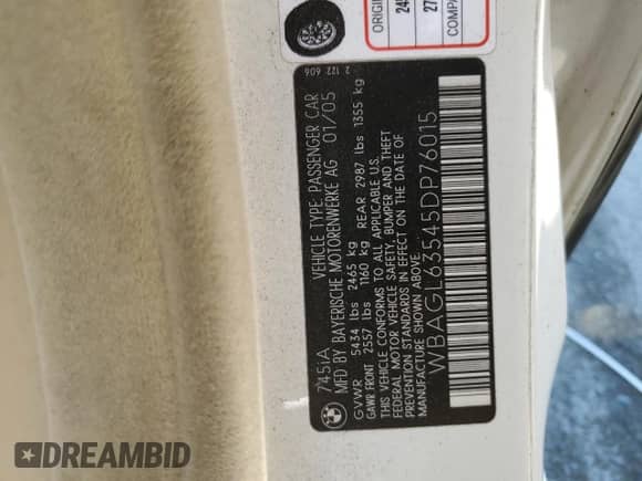 2005 BMW 7 Series 745i z VIN WBAGL63545DP76015, wystawiony jako Copart lot #58576814 z przebiegiem Nie podano mil oraz Szkoda całkowita • Salvage title. Historia ofert i sprzedaży dostępna na DreamBid. Obrazek 12.