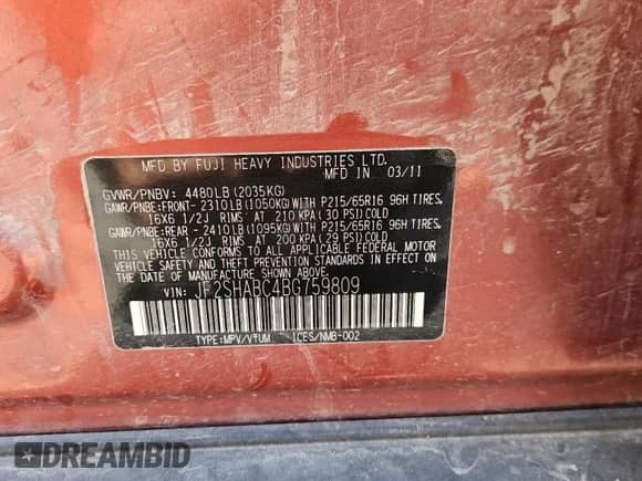 2011 Subaru Forester X z VIN JF2SHABC4BG759809, wystawiony jako Copart lot #65534595 z przebiegiem 169 758 mil mil oraz Szkoda całkowita • Salvage title. Historia ofert i sprzedaży dostępna na DreamBid. Obrazek 12.