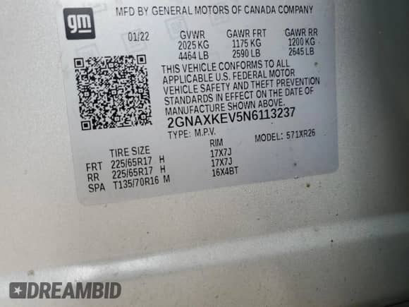 2022 Chevrolet Equinox LT с VIN 2GNAXKEV5N6113237, выставлен на аукционе Copart как лот 67735835 с пробегом Не указан миль и Списание • Salvage title. История ставок и продаж доступна на DreamBid. Изображение 13.