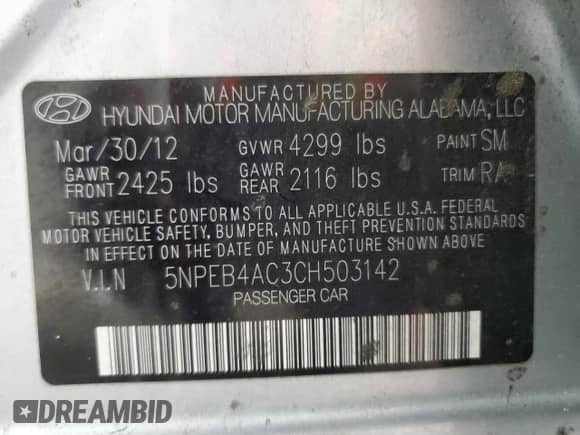 2012 Hyundai Sonata GLS z VIN 5NPEB4AC3CH503142, wystawiony jako Copart lot #67892915 z przebiegiem 165 608 mil mil oraz Szkoda całkowita • Salvage title. Historia ofert i sprzedaży dostępna na DreamBid. Obrazek 12.