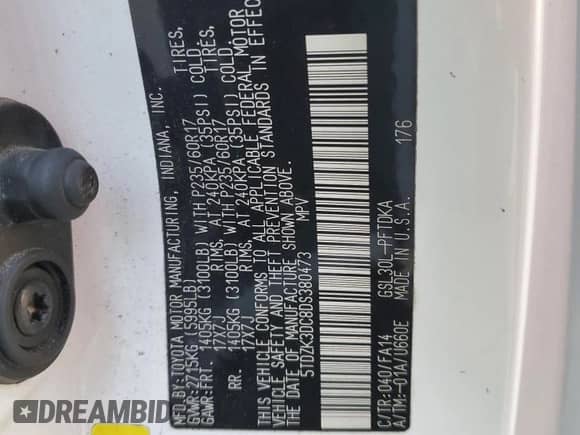 2013 Toyota Sienna L z VIN 5TDZK3DC8DS380473, wystawiony jako Copart lot #80876135 z przebiegiem 218 645 mil mil oraz Czysty tytuł • Clean title. Historia ofert i sprzedaży dostępna na DreamBid. Obrazek 14.