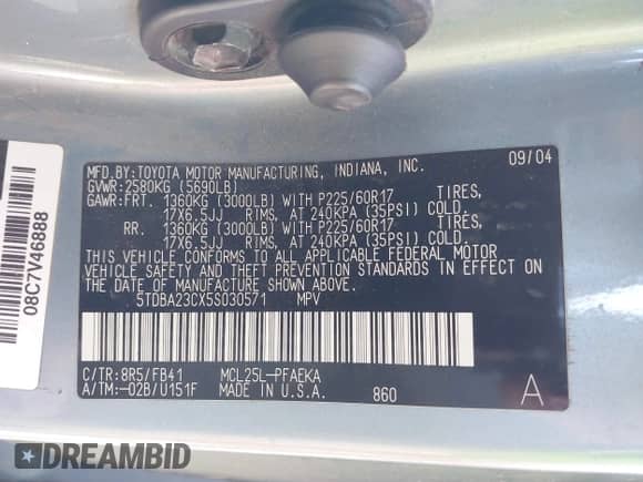 2005 Toyota Sienna LE with VIN 5TDBA23CX5S030571, listed as a IAAI auction lot 43033019 with 219,453 mi miles and . Bid and sale history available at DreamBid. Image 9.