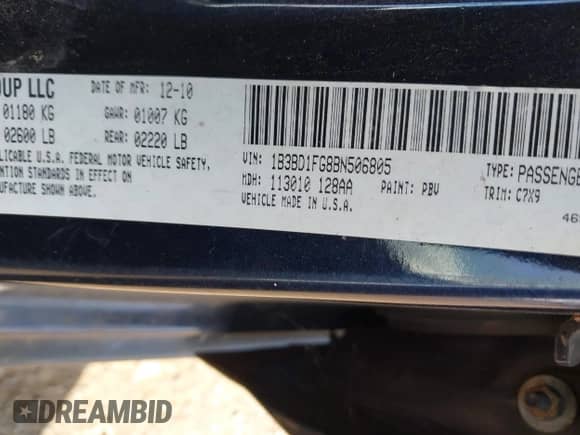 2011 Dodge Avenger Heat with VIN 1B3BD1FG8BN506805, listed as a IAAI auction lot 43184453 with 173,983 mi miles and . Bid and sale history available at DreamBid. Image 9.