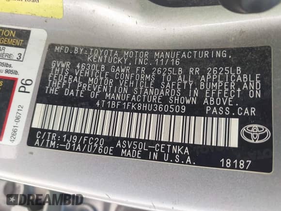 2017 Toyota Camry XLE с VIN 4T1BF1FK8HU360509, выставлен на аукционе IAAI как лот 43334452 с пробегом 182 909 миль миль и . История ставок и продаж доступна на DreamBid. Изображение 9.