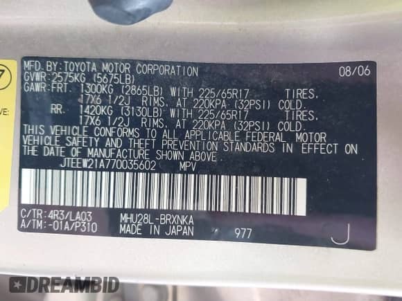 2007 Toyota Highlander w/3rd Row z VIN JTEEW21A770035602, wystawiony jako IAAI lot #43488461 z przebiegiem 240 496 mil mil oraz . Historia ofert i sprzedaży dostępna na DreamBid. Obrazek 9.