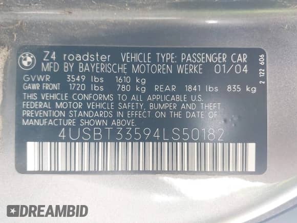 2004 BMW Z4 2.5i с VIN 4USBT33594LS50182, выставлен на аукционе IAAI как лот 42560956 с пробегом 118 896 миль миль и . История ставок и продаж доступна на DreamBid. Изображение 9.