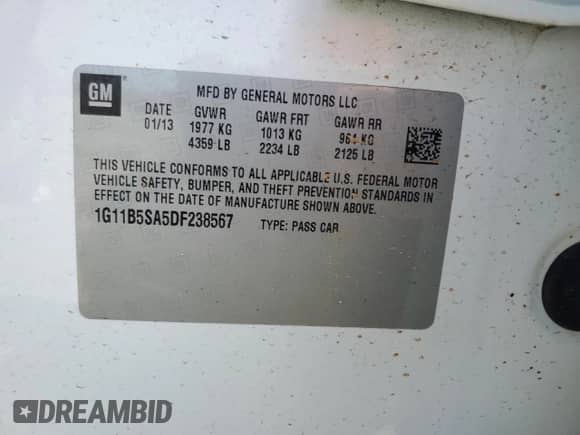 2013 Chevrolet Malibu LS с VIN 1G11B5SA5DF238567, выставлен на аукционе Copart как лот 65567655 с пробегом 124 294 миль миль и Списание • Salvage title. История ставок и продаж доступна на DreamBid. Изображение 12.