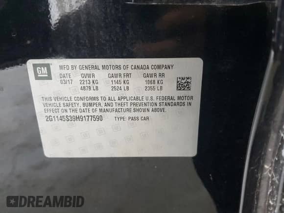 2017 Chevrolet Impala Premier z VIN 2G1145S39H9177590, wystawiony jako Copart lot #64756035 z przebiegiem Nie podano mil oraz Szkoda całkowita • Salvage title. Historia ofert i sprzedaży dostępna na DreamBid. Obrazek 13.