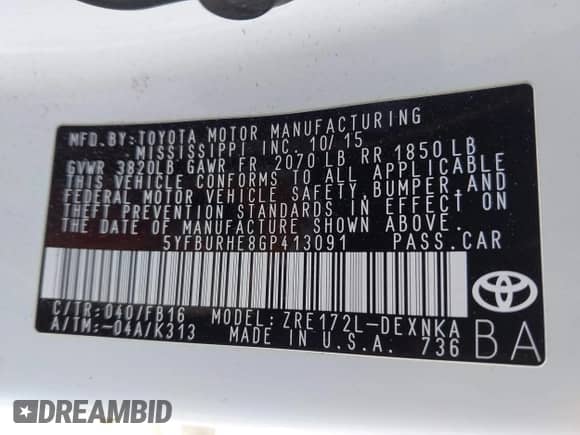 2016 Toyota Corolla L с VIN 5YFBURHE8GP413091, выставлен на аукционе IAAI как лот 42973899 с пробегом 81 428 миль миль и . История ставок и продаж доступна на DreamBid. Изображение 9.