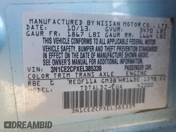 2014 Nissan Note SV with VIN 3N1CE2CPXEL385339, listed as a Copart auction lot 83849845 with 129,926 mi miles and Salvage title. Bid and sale history available at DreamBid. Image 12.