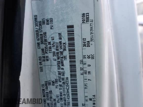 2003 Ford Econoline Cargo с VIN 1FTRE14263HC04236, выставлен на аукционе Copart как лот 77628444 с пробегом 163 778 миль миль и Списание • Salvage title. История ставок и продаж доступна на DreamBid. Изображение 15.