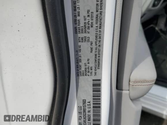 2021 Jeep Grand Cherokee Overland with VIN 1C4RJKDG3M8157603, listed as a Copart auction lot 57972735 with Not provided miles and Non repairable. Bid and sale history available at DreamBid. Image 13.