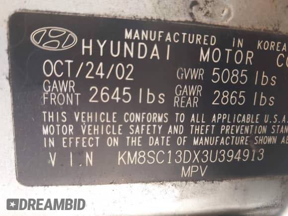 2003 Hyundai Santa Fe GLS с VIN KM8SC13DX3U394913, выставлен на аукционе IAAI как лот 43264638 с пробегом Не указан миль и . История ставок и продаж доступна на DreamBid. Изображение 9.