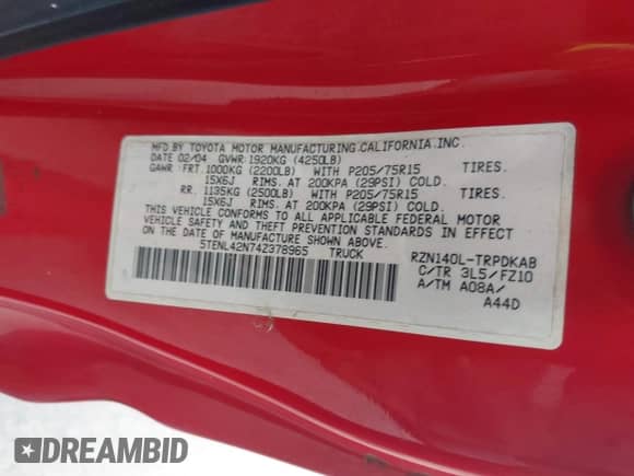 2004 Toyota Tacoma с VIN 5TENL42N74Z378965, выставлен на аукционе IAAI как лот 43109799 с пробегом 46 029 миль миль и . История ставок и продаж доступна на DreamBid. Изображение 9.