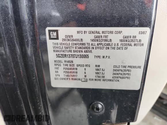 2007 Saturn Outlook XE с VIN 5GZER13707J130065, выставлен на аукционе Copart как лот 58166935 с пробегом Не указан миль и Списание • Salvage title. История ставок и продаж доступна на DreamBid. Изображение 14.