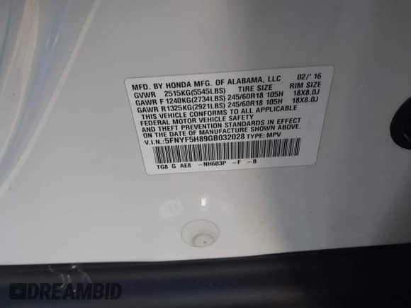 2016 Honda Pilot EX-L z VIN 5FNYF5H89GB032028, wystawiony jako IAAI lot #40910875 z przebiegiem 97 706 mil mil oraz . Historia ofert i sprzedaży dostępna na DreamBid. Obrazek 9.