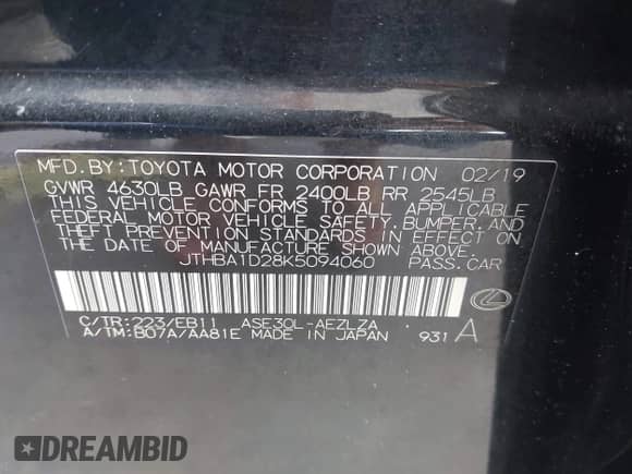 2019 Lexus IS 300 z VIN JTHBA1D28K5094060, wystawiony jako IAAI lot #43096376 z przebiegiem 49 679 mil mil oraz . Historia ofert i sprzedaży dostępna na DreamBid. Obrazek 9.