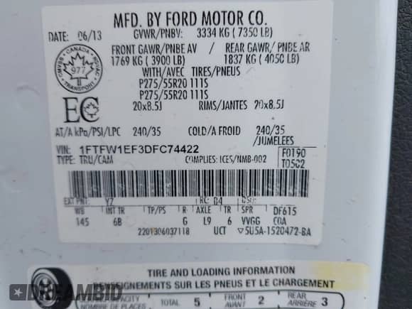 2013 Ford F-150 XL with VIN 1FTFW1EF3DFC74422, listed as a IAAI auction lot 42628205 with 258,733 mi miles and . Bid and sale history available at DreamBid. Image 9.