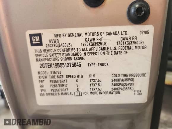 2005 GMC Sierra 1500 SLT z VIN 2GTEK19B551275045, wystawiony jako Copart lot #69453525 z przebiegiem 134 540 mil mil oraz Czysty tytuł • Clean title. Historia ofert i sprzedaży dostępna na DreamBid. Obrazek 12.