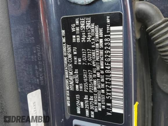 2015 Hyundai Santa Fe с VIN 5XYZT3LB4FG292381, выставлен на аукционе Copart как лот 82427755 с пробегом 218 311 миль миль и Списание • Salvage title. История ставок и продаж доступна на DreamBid. Изображение 13.