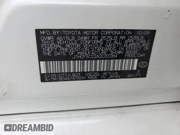 2010 Lexus IS 250 z VIN JTHCF5C22A2033284, wystawiony jako Copart lot #83934205 z przebiegiem 147 101 mil mil oraz Czysty tytuł • Clean title. Historia ofert i sprzedaży dostępna na DreamBid. Obrazek 12.