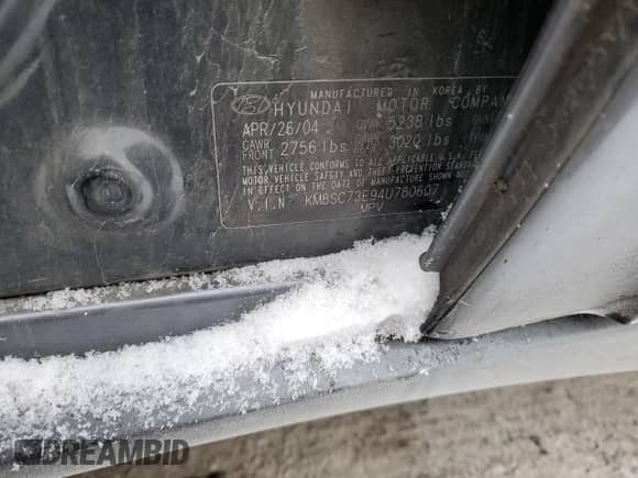 2004 Hyundai Santa Fe GLS с VIN KM8SC73E94U780607, выставлен на аукционе Copart как лот 84729644 с пробегом Не указан миль и Списание • Salvage title. История ставок и продаж доступна на DreamBid. Изображение 13.