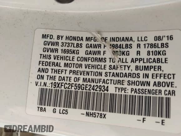 2016 Honda Civic LX z VIN 19XFC2F59GE242934, wystawiony jako IAAI lot #43139806 z przebiegiem 95 282 mil mil oraz . Historia ofert i sprzedaży dostępna na DreamBid. Obrazek 9.