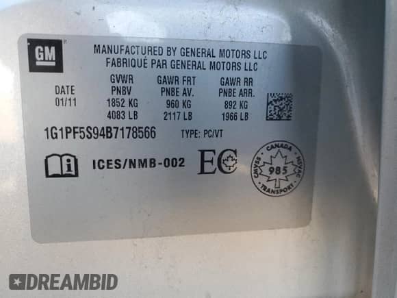 2011 Chevrolet Cruze 1LT z VIN 1G1PF5S94B7178566, wystawiony jako Copart lot #86180255 z przebiegiem 183 110 mil mil oraz Czysty tytuł • Clean title. Historia ofert i sprzedaży dostępna na DreamBid. Obrazek 12.