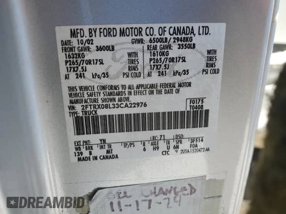 2003 Ford F-150 XL with VIN 2FTRX08L33CA22976, listed as a Copart auction lot 84183944 with 144,277 mi miles and Salvage title. Bid and sale history available at DreamBid. Image 12.