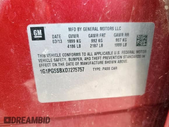 2013 Chevrolet Cruze LTZ с VIN 1G1PG5SBXD7275757, выставлен на аукционе Copart как лот 83852945 с пробегом 155 258 миль миль и Чистый • Clean title. История ставок и продаж доступна на DreamBid. Изображение 12.